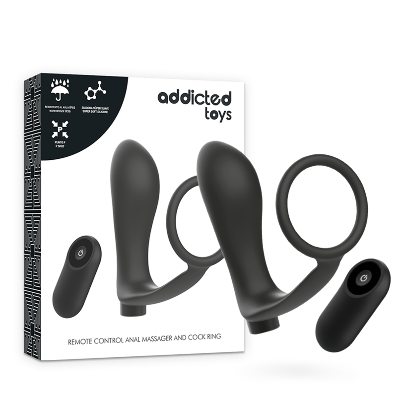 Addicted Toys- Inel Pentru Penis Cu Telecomandă Dop Anal Negru Reîncărcabilă