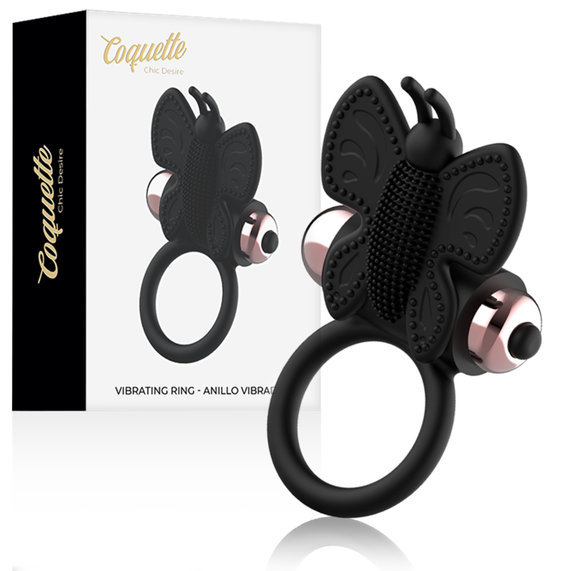 Coquette Chic Desire - Butterfly Cock Ring With Vibrator Black/Gold, Soft and Durable Silicone, Strong Vibrating, IPX6, Size 82 x 41MM, With Gold Bag Included