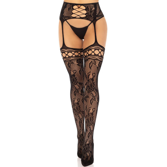 Leg Avenue Hosiery- Ciorapi Portjartier Din Dantelă Florală Negru