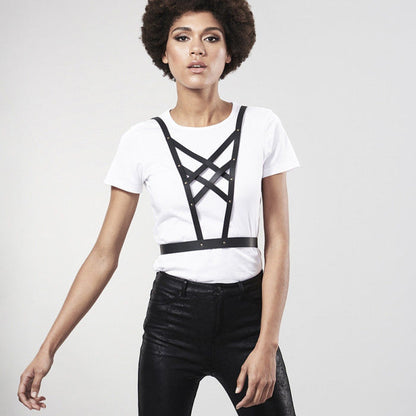 Bijoux Maze - Adjustable Vegan Black Neckline Cross Harness