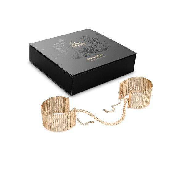 Bijoux Desire Metallique - Gold Handcuffs With Black Mesh Mesh For Bondage Games