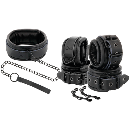 Darkness Bondage - Black Leather Handcuffs and Collar, Full Set, Adjustable