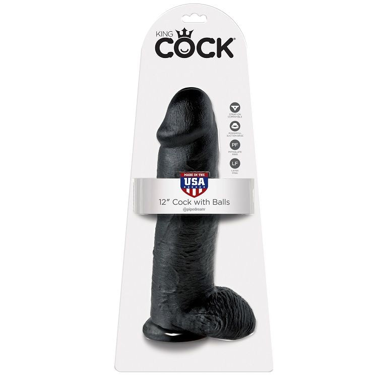 King Cock- Penis De 12" Negru Cu Bile 30.48 Cm