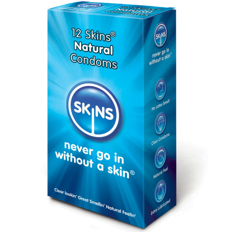 Skins - Natural Condoms 12 Pack - Premium Quality Latex, Unscented, Extra Lubricated