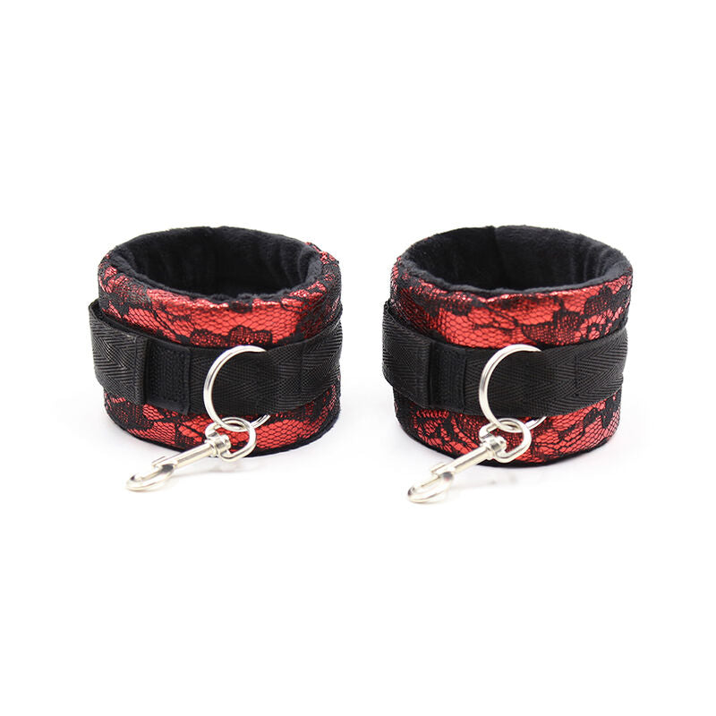 Ohmama Fetish - Velvet Handcuffs with Nylon Band, Color Red and Black, Material 70% Polyester / 10% Iron / 20% PVC, One Size, Adjustable