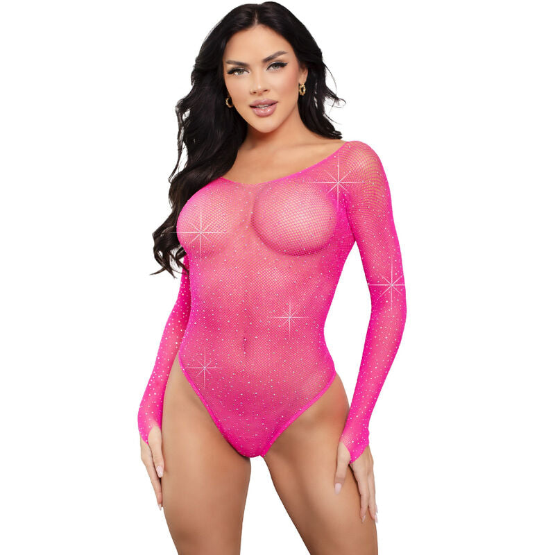 Leg Avenue Teddies- Body Cu Mânecă Lungă Fucsia Cu Cristale